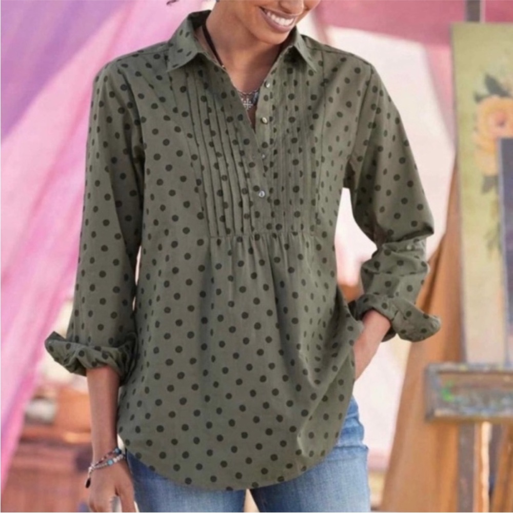 Sundance Olive Green Lively Days Tunic Polka Dot Pintuck Popover Size XS